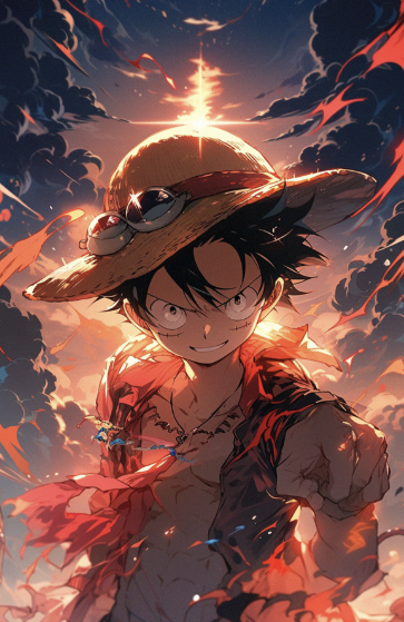 One Piece collectible toys featuring a dynamic image of Luffy with a straw hat and an intense background.