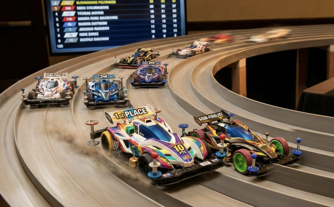 Exciting race scene featuring 4WD Tamayi toy vehicles on a track with dynamic action and colorful designs.