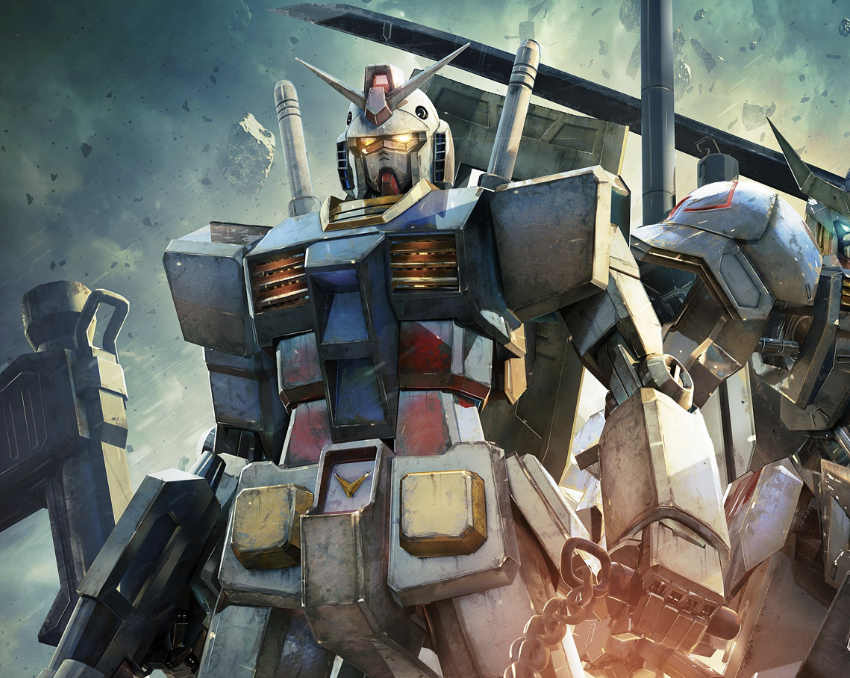 Detail of Gundam from the Gundam toy collection posing heroically with a dramatic background.