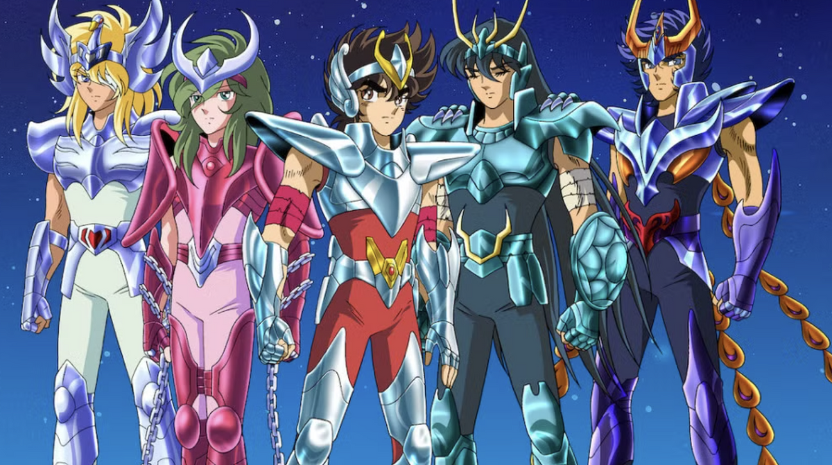 Zodiac Warriors action figures lineup from the anime Saint Seiya featuring armored characters against a starry background.