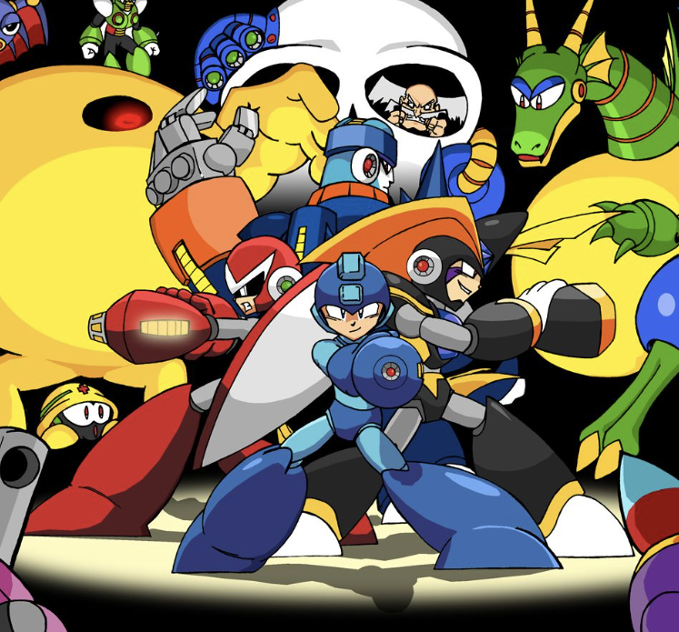 Rockman toy collection featuring iconic characters in dynamic poses on a dark background.