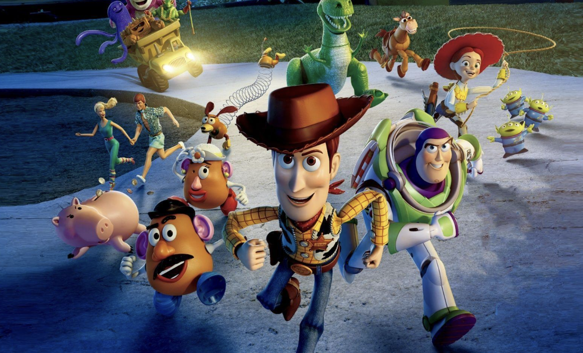 Iconic characters from Toy Story merchandise, including Woody, Buzz Lightyear, and friends in a vibrant scene.
