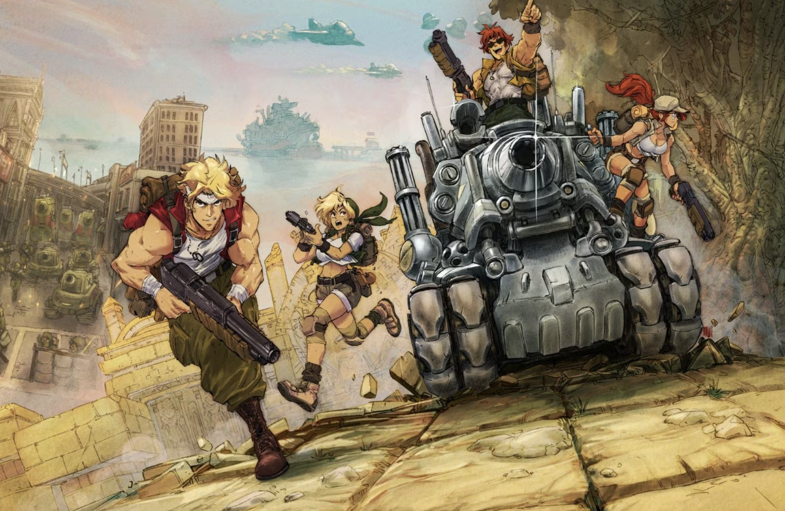 Action-packed scene from Metal Slug featuring characters and a tank, showcasing metal slug toy collectibles.