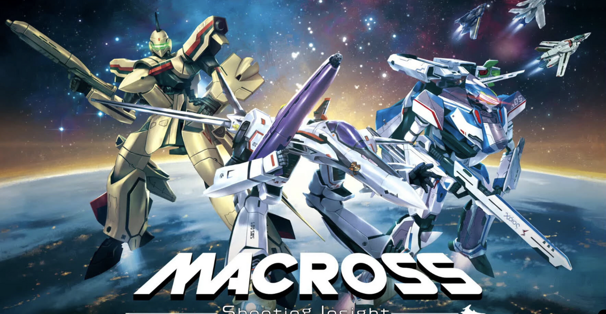 Image of Macross collectibles toys depicting iconic mechas and spacecraft in an outer space setting.