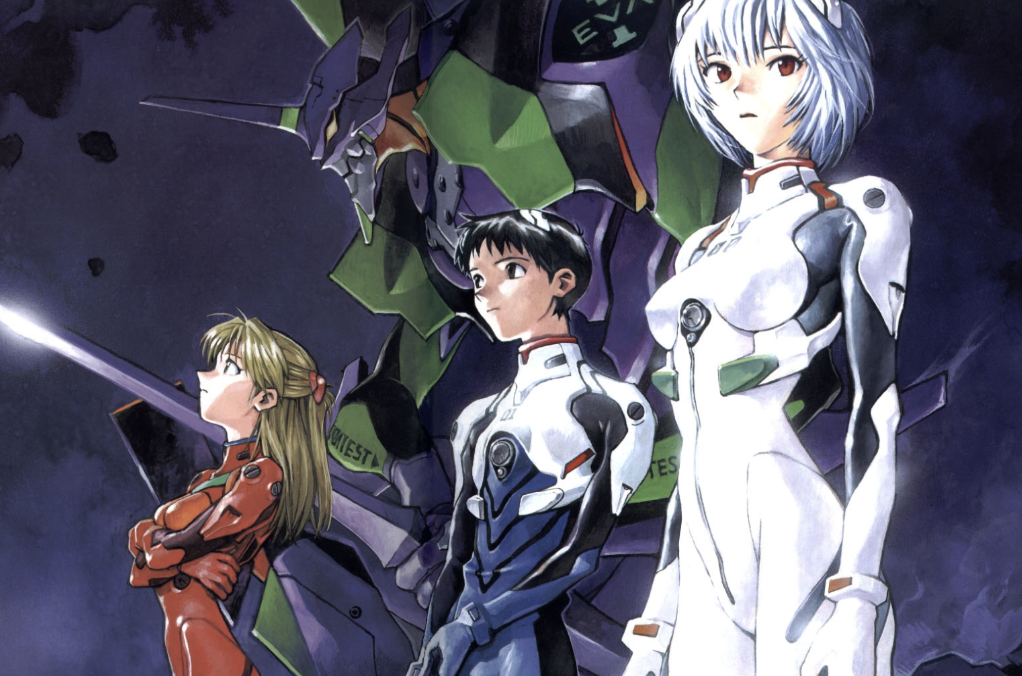EVA toy collection featuring three characters in futuristic suits standing before a giant mech.