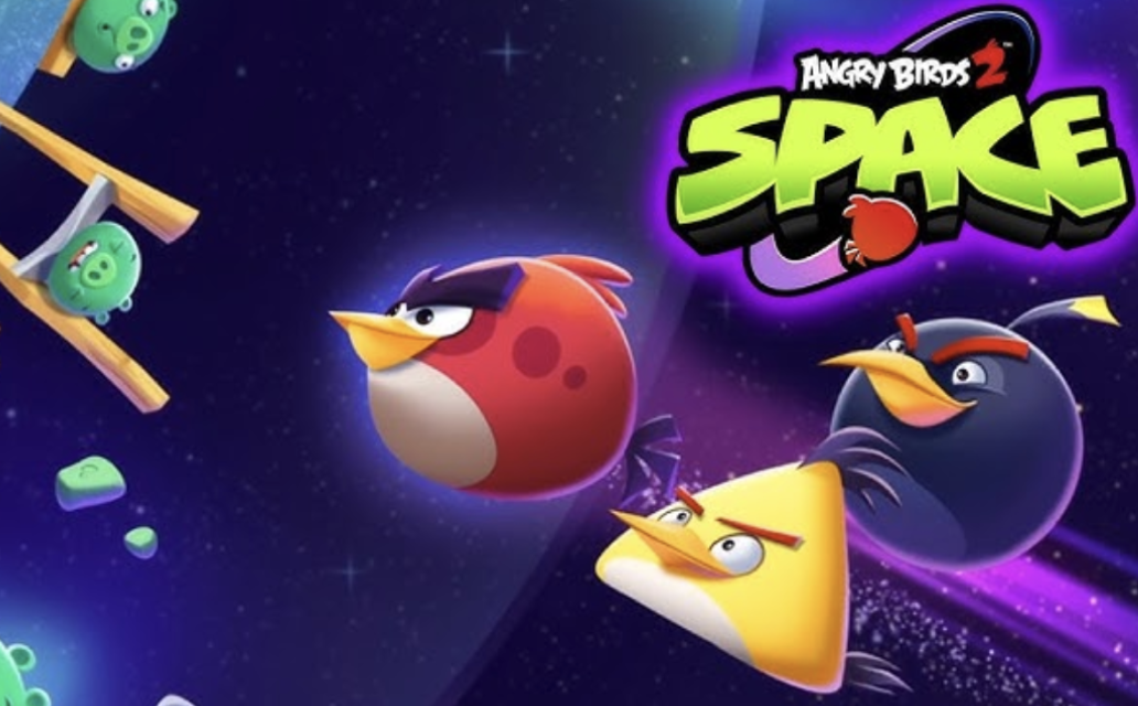 angry birds toy collection featuring characters from Angry Birds Space against a cosmic background.