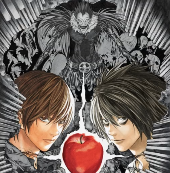 Death Note collectible toys featuring main characters Light and L in a dramatic scene with Ryuk.