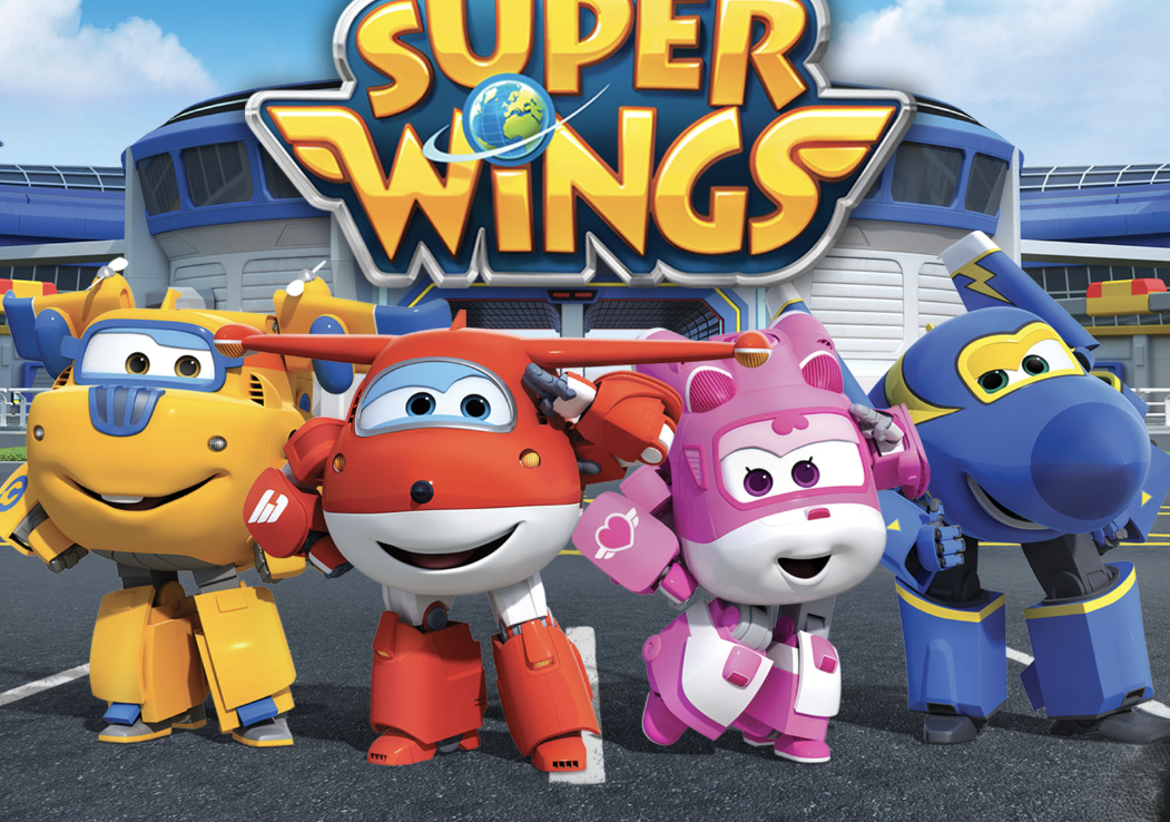 Two animated characters from Super Wings toys, showcasing a fun and adventurous scene.