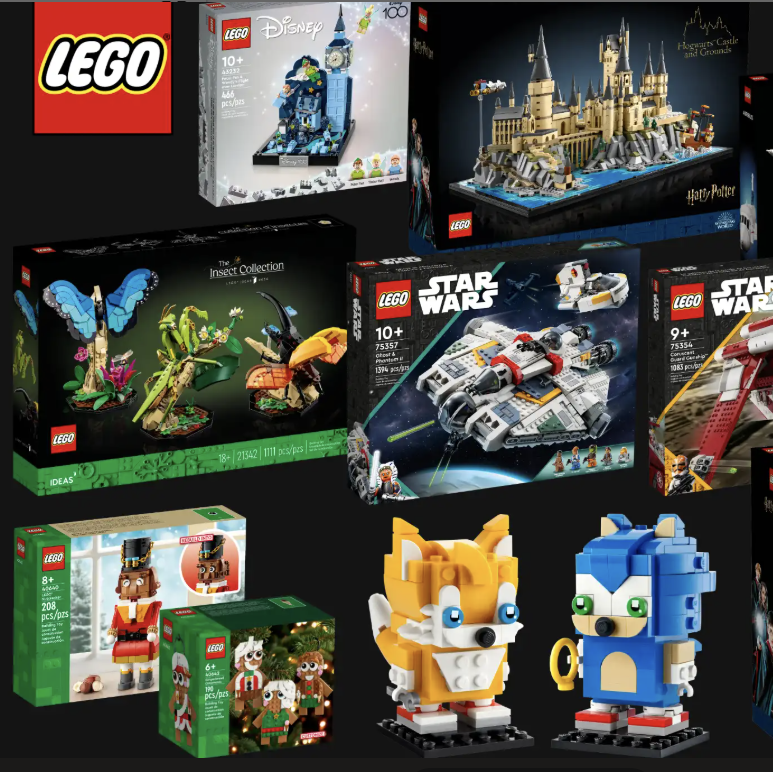 Collection of LEGO building block toys featuring Disney, Star Wars, and other popular themes.