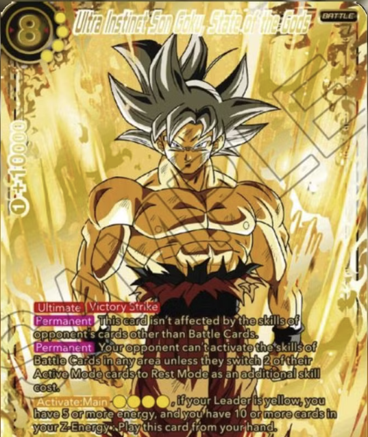 Ultra Instinct Son Goku card from dragon ball collectible cards series.