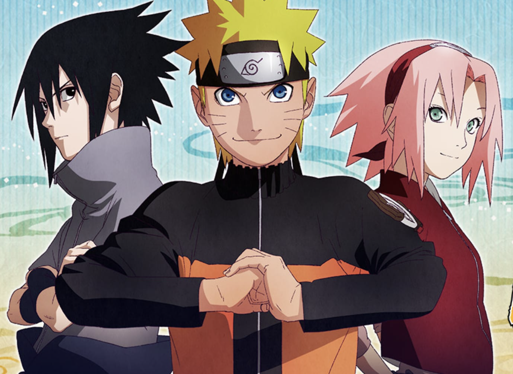 Naruto, Sasuke, and Sakura pose together in this Naruto action figures collection.