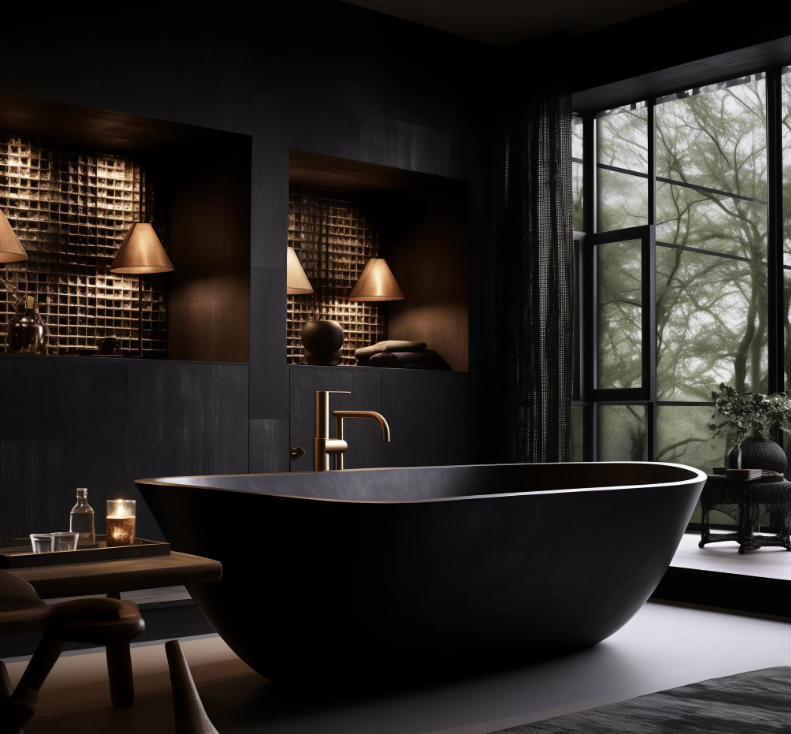 Elegant black bathtub in a modern bathroom, showcasing essential bathroom toilet essentials.