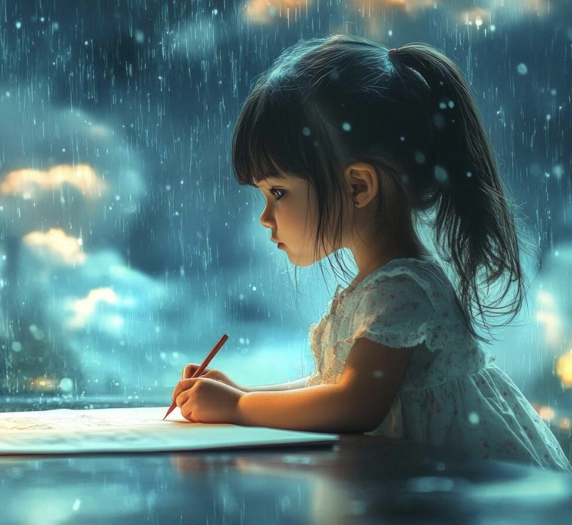 A girl drawing while rain falls, featuring kids clothing and accessories.