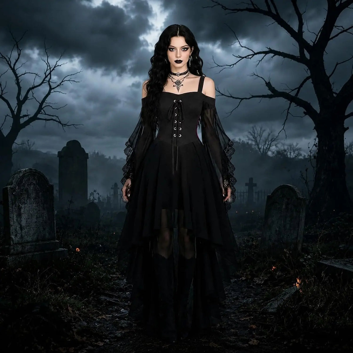 Woman in a gothic black dress against a spooky graveyard backdrop, perfect for halloween costume ideas.