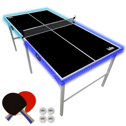 Party Tennis Mid-Size Table Tennis Table with LED Lights Net Paddles & Pong Balls | Portable Folding Indoor/Outdoor Table Tennis Table - Black Edition