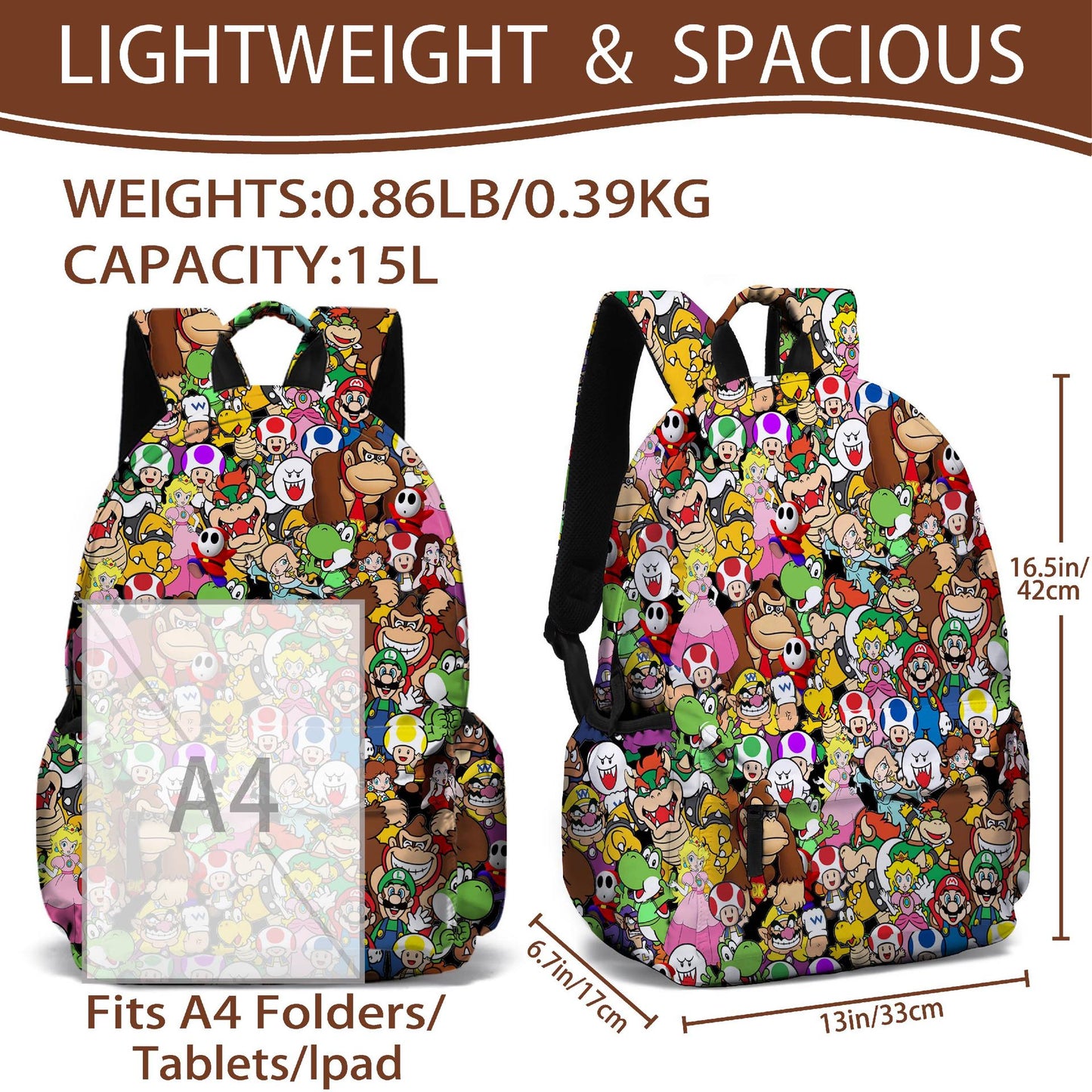 Mario Waterproof Backpack for Students (Two Shoulder Straps)