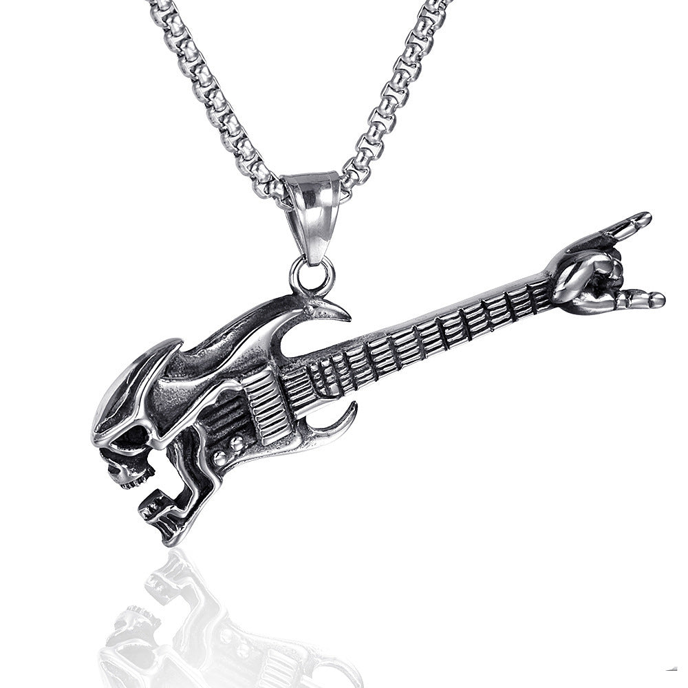 Rock Skull Guitar Pendant Necklace in Titanium Steel