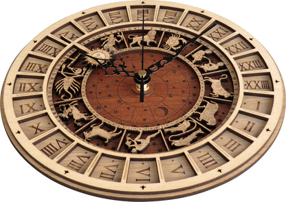 Vintage Wooden Astronomical Clock with Zodiac Signs