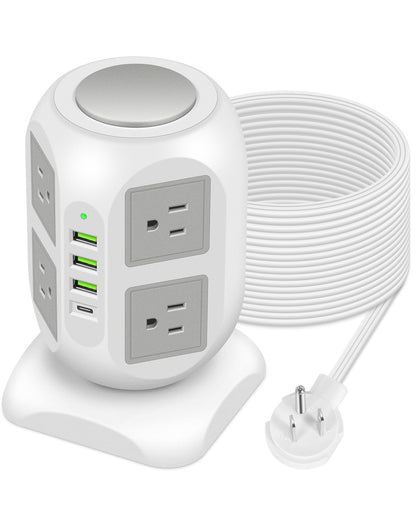 15 FT Long Flat Cord Power Strip with Surge Protection | 20W Fast USB C Power Strip Tower Surge Protector | 8 Outlets 4 USB Ports | Plug Extender Charging Station for Home Office Desk Accessories