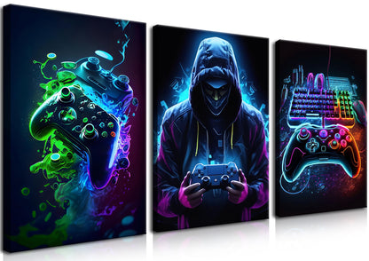 BGFCE Cool Gaming Canvas Wall Art Set of 3 Retro Video Game Watercolor Poster Pictures Neon Gamepad Gamepad Painting Prints Game Room Bedroom Wall Decor 12x16 in Framed