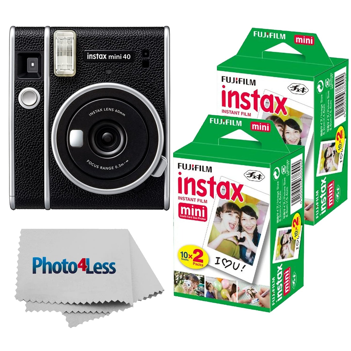 Fujifilm Instax Mini 40 Instant Camera Black+ Fujifilm Instax Mini Twin Pack Instant Film 2 Packs (Total 40 Sheets)- Instant Camera Great Value Bundle!