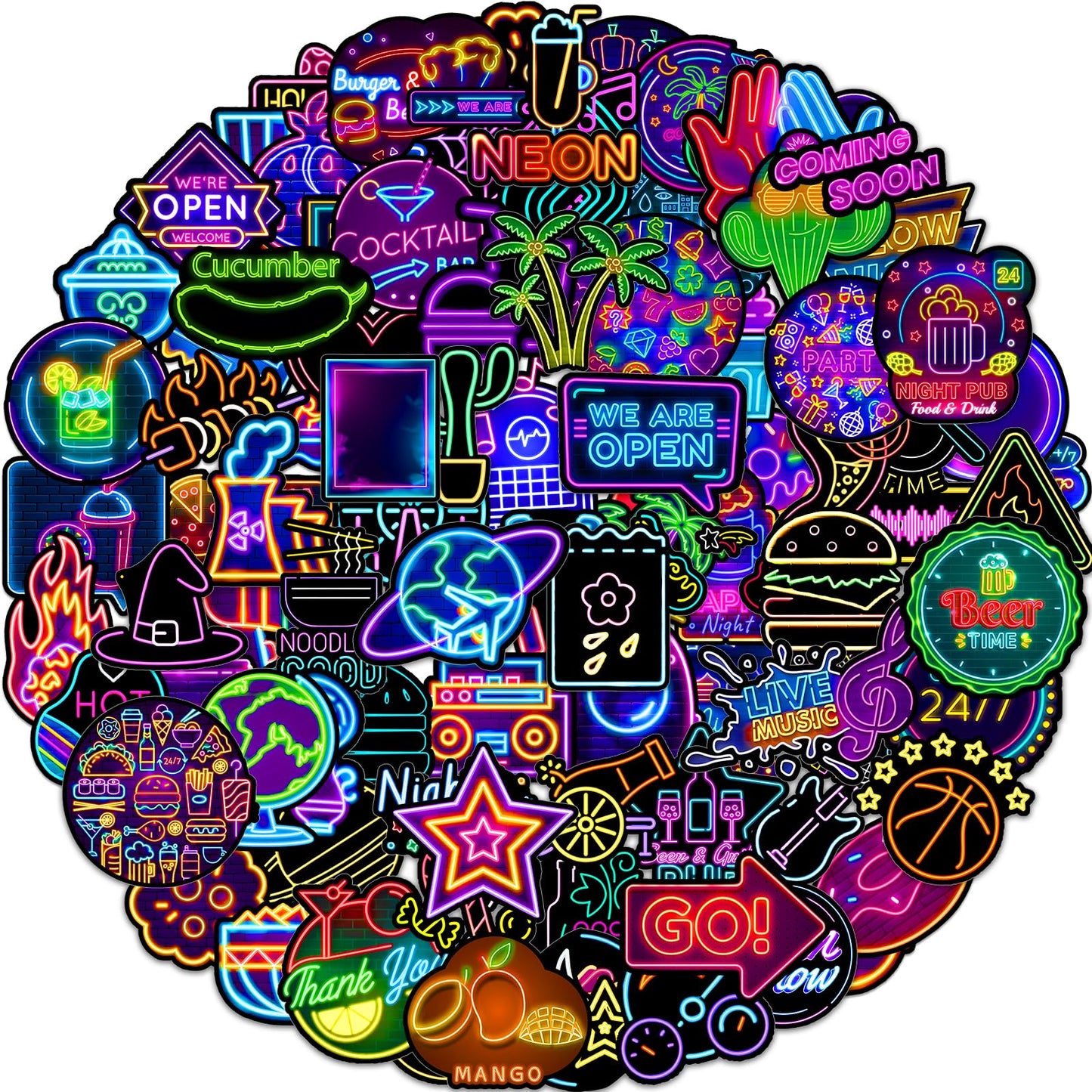 50pcs Neon Stickers Cool Neon Light Stickers for Teens Adults Water Bottle Stickers Waterproof Vinyl Stickers for Laptop Water Bottle Guitar Skateboard Phone Case Journaling Scrapbooks Cup Luggage