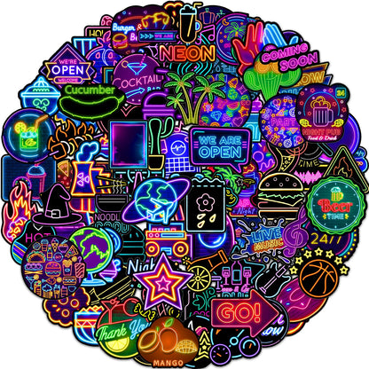 50pcs Neon Stickers Cool Neon Light Stickers for Teens Adults Water Bottle Stickers Waterproof Vinyl Stickers for Laptop Water Bottle Guitar Skateboard Phone Case Journaling Scrapbooks Cup Luggage