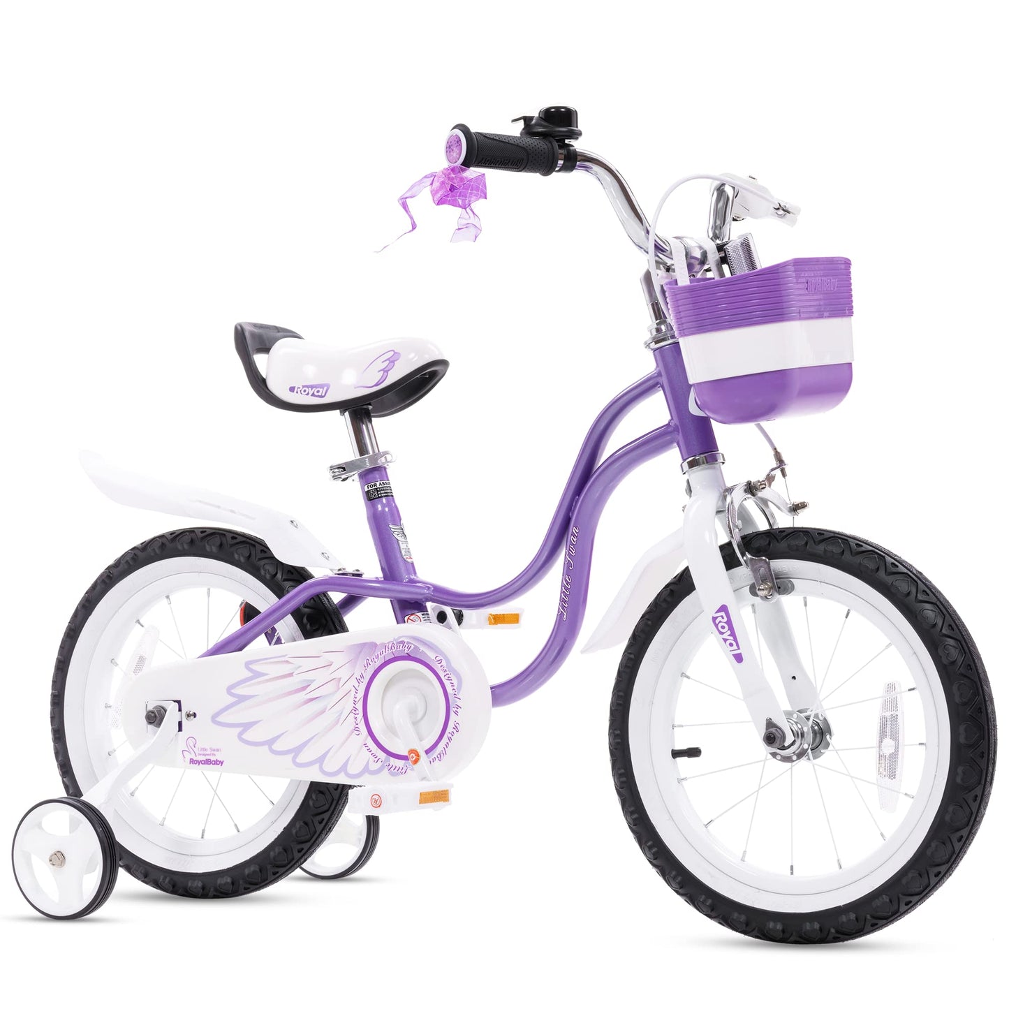 RoyalBaby Princess Girl Childrens Bicycle Outdoor Ride-On Bike with Training Wheels Adjustable Seat and Basket 14 Inch Swan/Purple