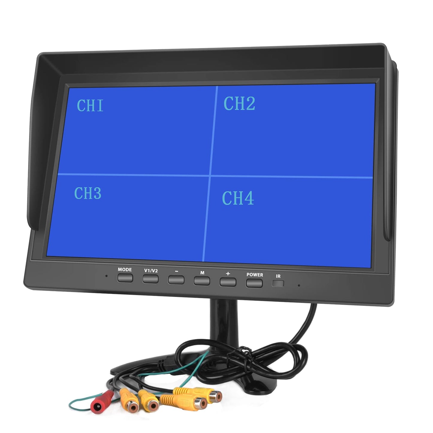 Hikity 10 Inch Small Monitor Screen Video Displays Quad Split HD Screen 4 Channels RCA Video Inputs for Car Backup Camera & Home Surveillance Security System + Headrest Mounting Bracket & Dash Stand