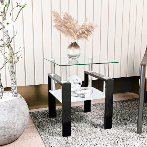 Modern Tempered Glass Tea Table Coffee Table End Table Square Table For Living Room, Transparent Black