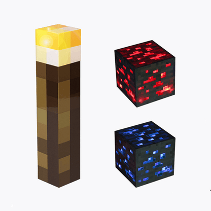 Minecraft Color Changing Sword Pickaxe Lamp featuring a glowing torch and illuminated block toys.