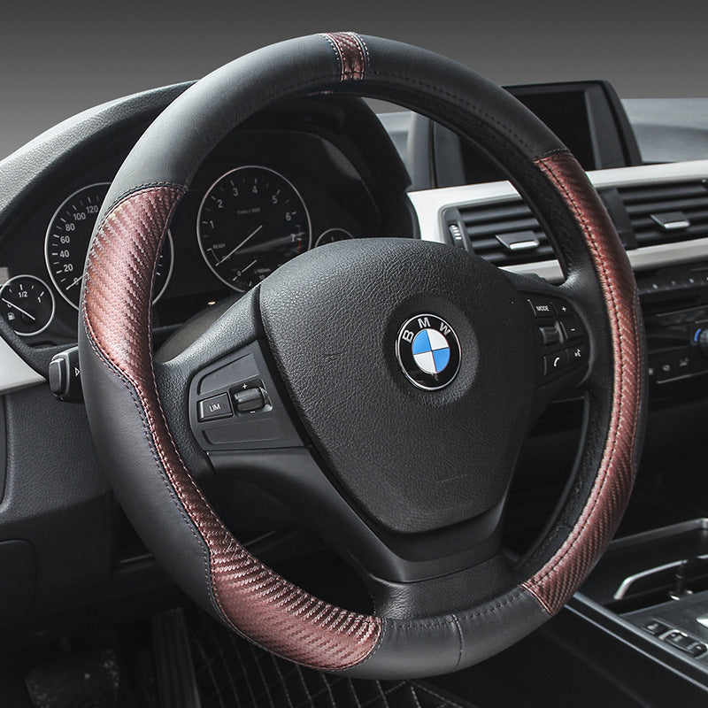 Genuine Leather Steering Wheel Cover - Carbon Fiber Design 38cm
