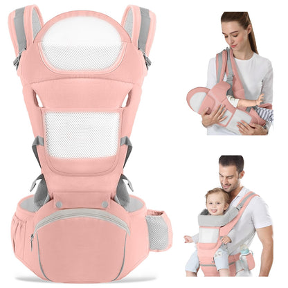 Baby Carrier with Hip Seat Newborn to Toddler Ergonomic M Position Toddler Carrier 6in1 Head Support Infant Carrier Mesh Baby Carriers for Mom (Pink)