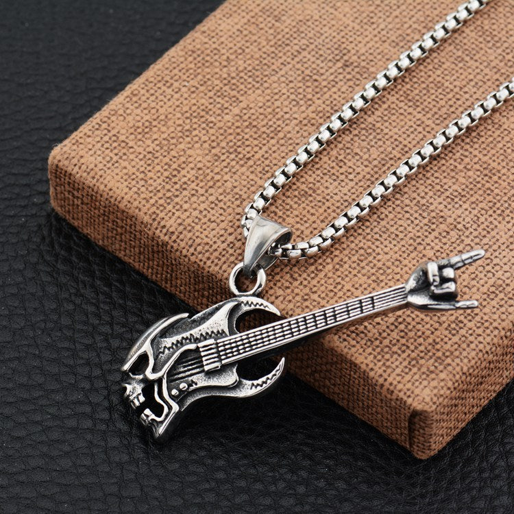 Rock Skull Guitar Pendant Necklace in Titanium Steel