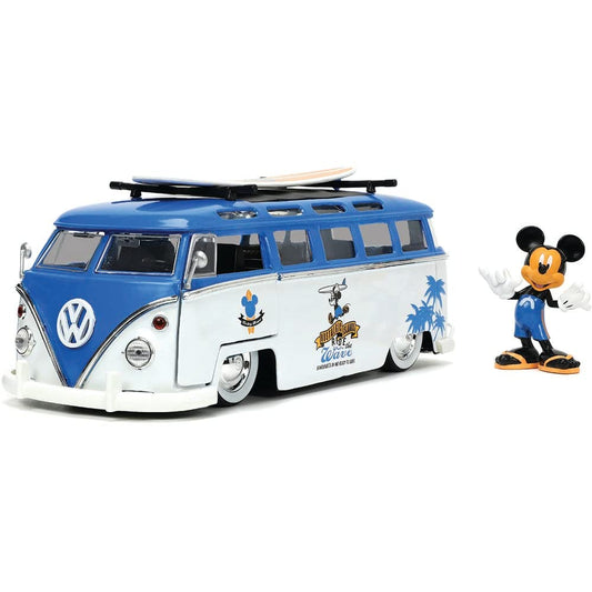 Jada Toys Disney Mickey and Friends 1:24 Volkswagen T1 Bus Die-cast Car w/ 2.75" Mickey Mouse Figure Toys for Kids and Adults