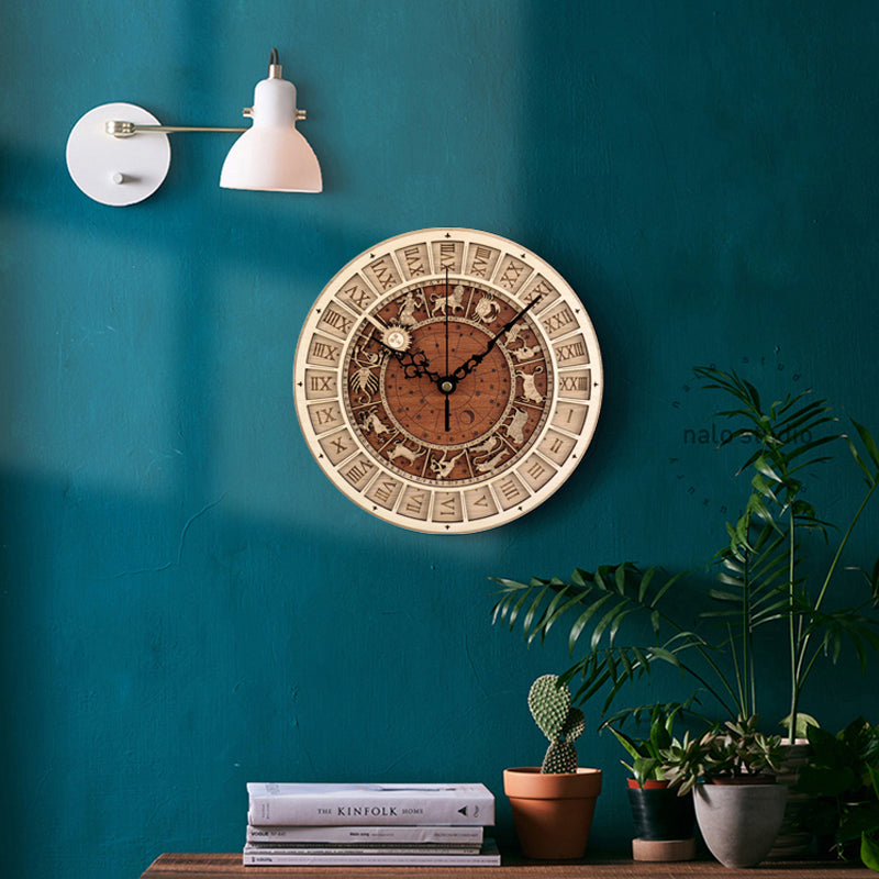 Vintage Wooden Astronomical Clock with Zodiac Signs