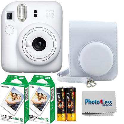 Fujifilm Instax Mini 12 Instant Film Camera Clay White Fuji Instax Mini Twin Pack Instant Film 20 Prints Protective Case Gift Bundle