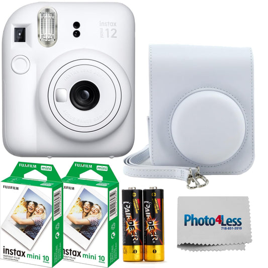 Fujifilm Instax Mini 12 Instant Film Camera Clay White Fuji Instax Mini Twin Pack Instant Film 20 Prints Protective Case Gift Bundle