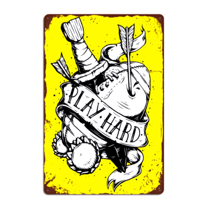 Anchor retro cafe wall art featuring a playful design with the text 'PLAY HARD' on a vibrant yellow background.