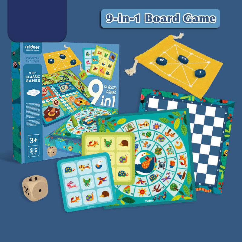 9-in-1 Board Game featuring multiple classic games ideal for children age 3 and up.