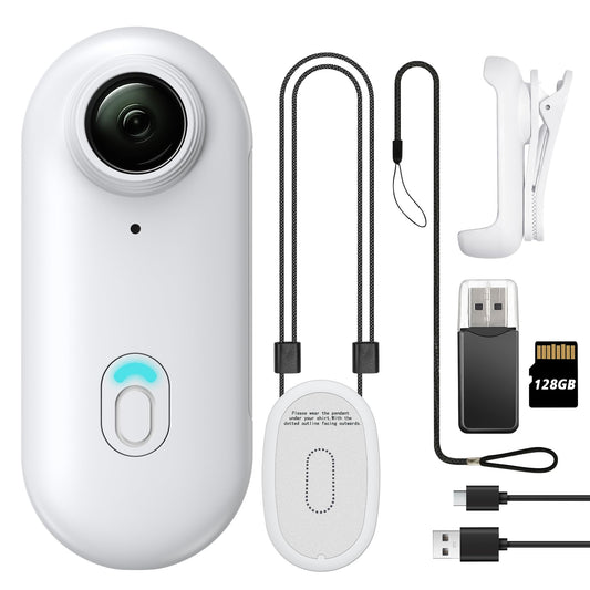 128GB FHD 1080P Mini Body Camera Wearable Action Body Cam Thumb Size Hands Free Recording Body Worn Camera Premium Portable Camcorder Mount Anywhere for Pet Walking Work Travel (White)
