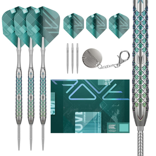 TARGET Darts Rove Steel Tip Swiss Point Darts 90% Tungsten Dart Set Barrel 03-22G | Steel Tip Dart Sets Green & Silver Darts Professional Dart Set with Swiss Points & Tool