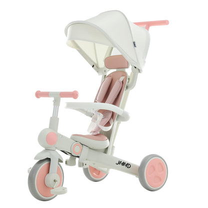JMMD Baby Tricycle 7-in-1 Multifunctional Kids Trike with Adjustable Parent Handle Safety Harness & Wheel Brakes Removable Canopy Stroll Trike for Boys & Girls Ages 18 Months-5 Years Pink