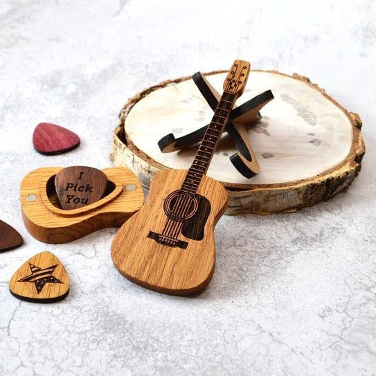 Personalized Wooden Guitar Pick Box with Picks Gift
