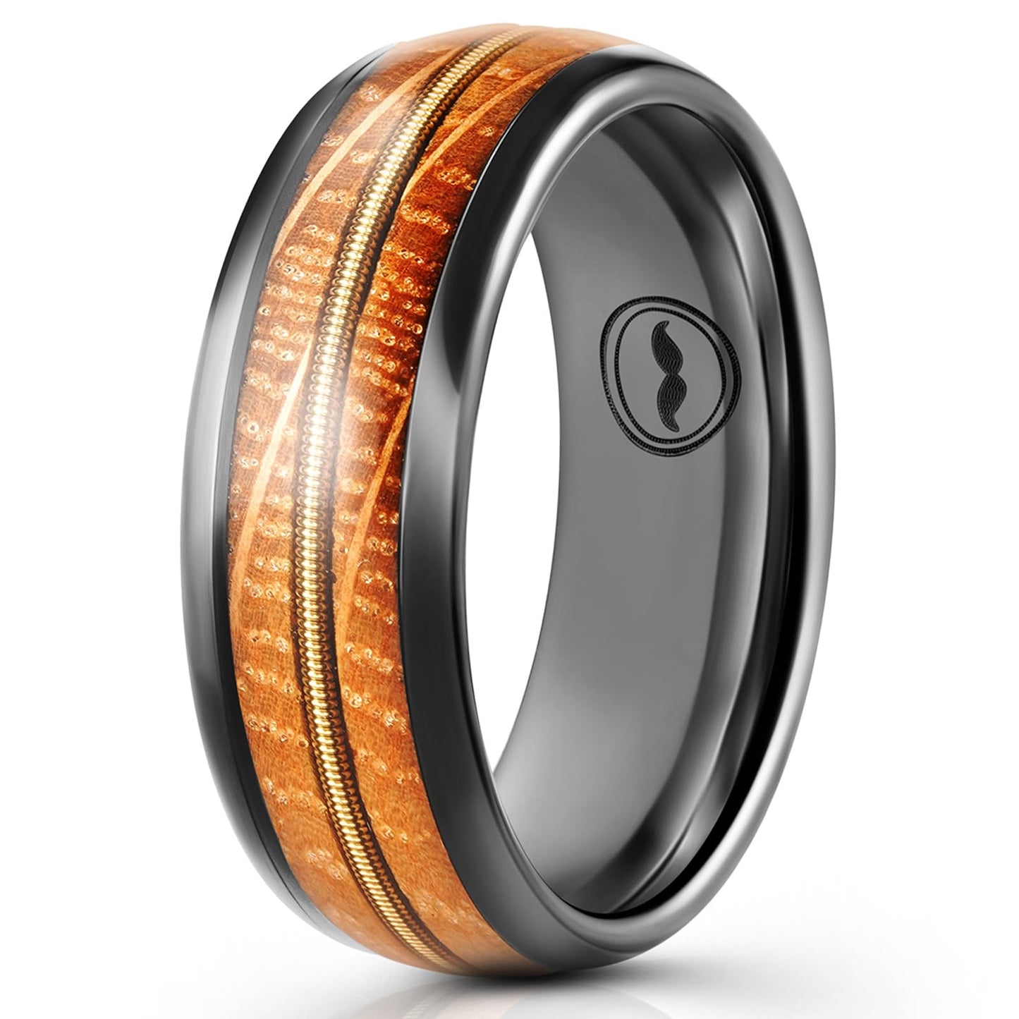 Mens Tungsten Carbide Wedding Band- Premium Grade Whiskey Barrel Wood with Guitar String Inlay Ring for Men(Black)-Includes Silicon Band Leather Drawstring Pouch & Luxury Walnut Ring Box(Size 6.5)