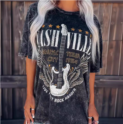 Women Summer Guitar Print Retro Pullover Top