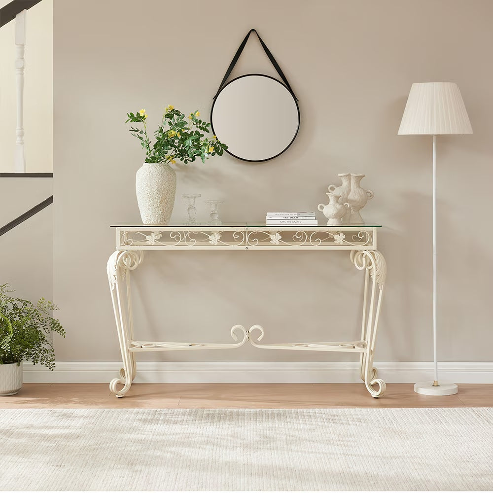 Vintage 2nd Tier Modern Tempered Glass Console Table, Entrance Table, Sofa Table With Storage Shelves