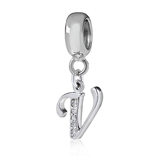 Alphabet Charm Letter Bead V Letter Initial Spacer Solid Woman Sterling Silver DIY Charm (V)