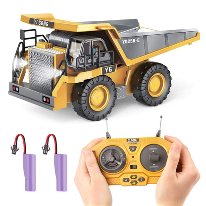 PREPOP RC Dump Truck Toy for Kids remote control dump truck toy for kids with metal bed and remote control features.