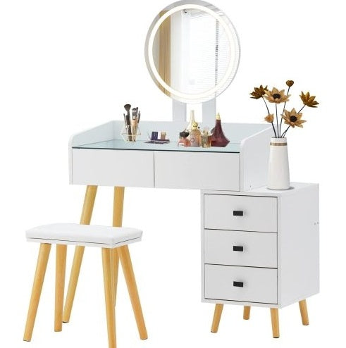 Make up Dressing Table With LED Lights Glass Top Extendable Side Table 5 Drawers Mirror Stool For Bedroom